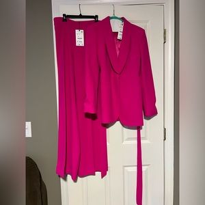 Hot pink Zara Belted tuxedo collar blazer and matching suit pants